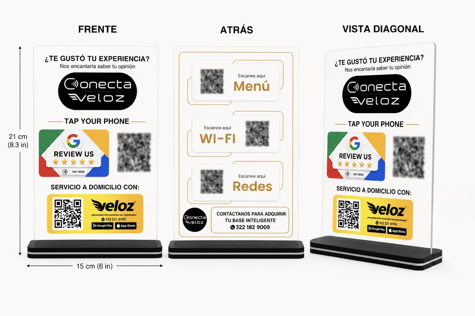 Base Inteligente Conecta Veloz: vista frontal, trasera y diagonal